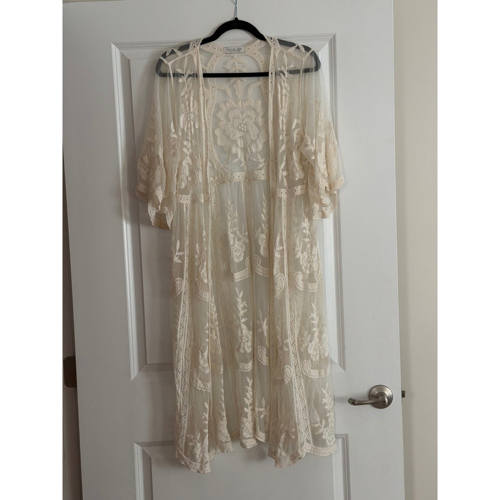 Rachel Zoe Cream Mesh Duster Floral Embroidered Lace Trim Kimono OS
